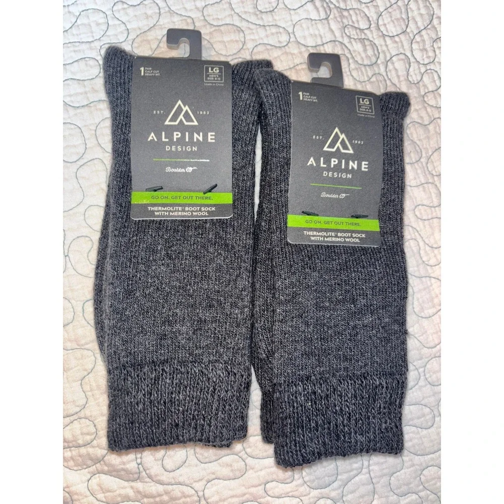 Alpine Design 2 Pairs Men Large Charcoal Gray Merino Wool Thermolite Boot Socks